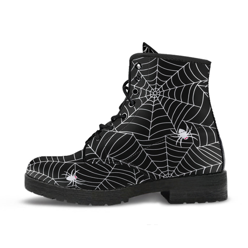 Spider Web Design Pattern Black Background White Cobweb Leather Boots