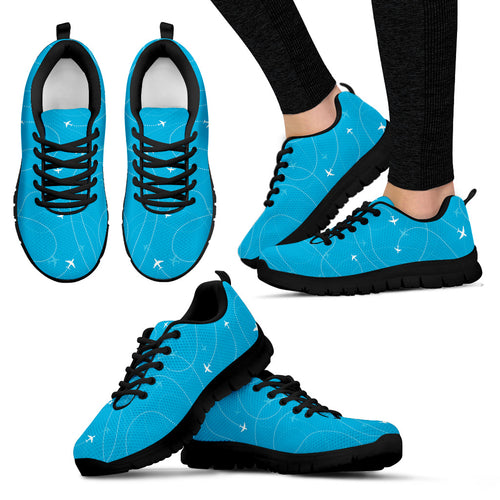 Airplane Destinations Blue Background Women'S Sneaker Shoes
