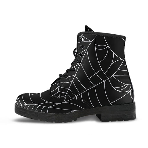 Spider Web Pattern Black Background White Cobweb Leather Boots