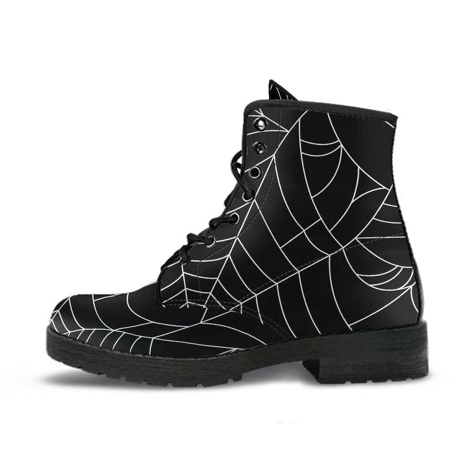Spider Web Pattern Black Background White Cobweb Leather Boots