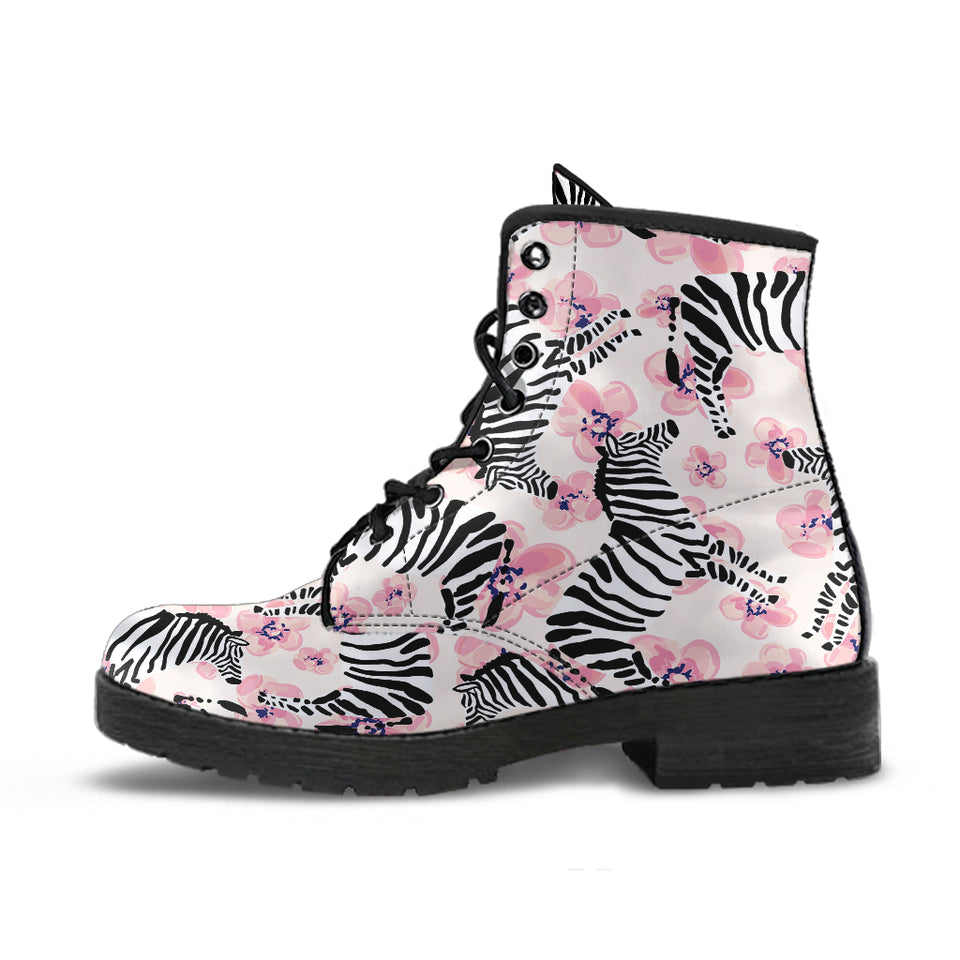 Zebra Pink Flower Background Leather Boots