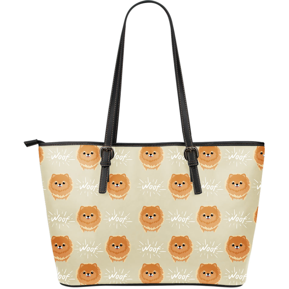 Cute Brown Pomeranian Puppy  Large Leather Tote Bag
