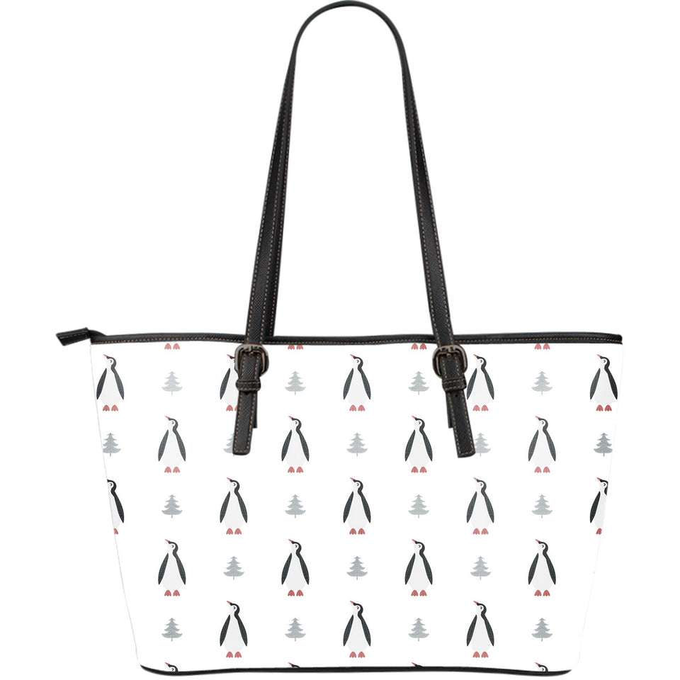 Penguin Pattern Large Leather Tote Bag