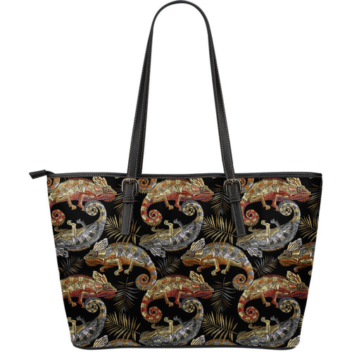 Chameleon Lizard Tropical Leaves Palm Tree Large Leather Tote Bag