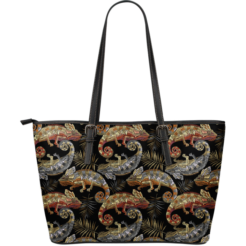 Chameleon Lizard Tropical Leaves Palm Tree Large Leather Tote Bag