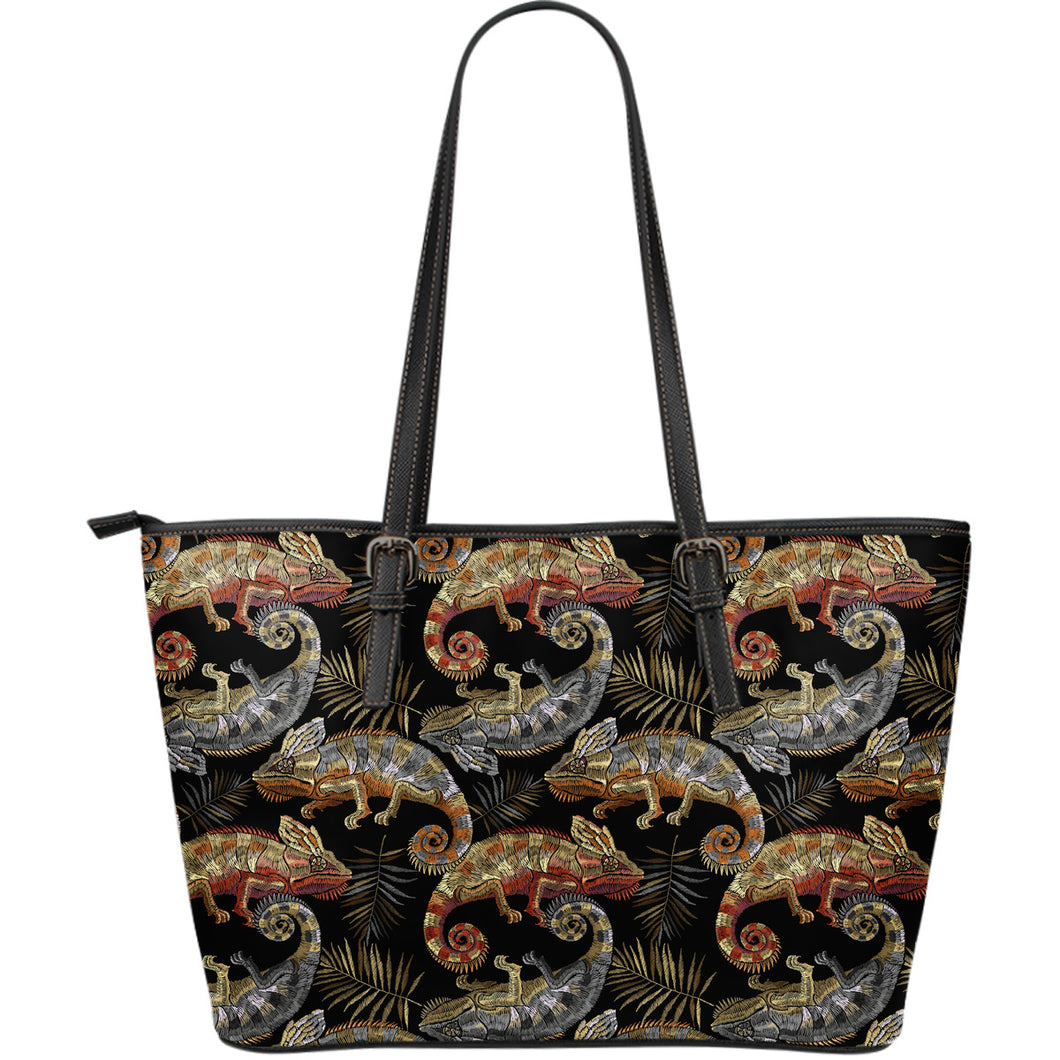 Chameleon Lizard Tropical Leaves Palm Tree Large Leather Tote Bag