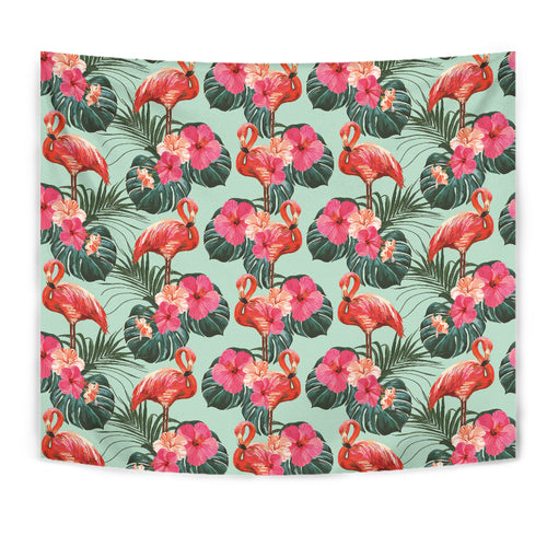 Beautiful Flamingo Tropical Palm Leaves Hibiscus Pateern Background Wall Tapestry
