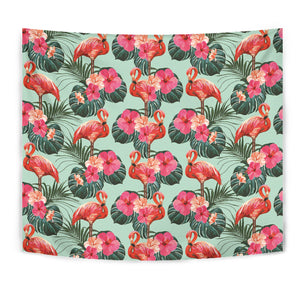 Beautiful Flamingo Tropical Palm Leaves Hibiscus Pateern Background Wall Tapestry