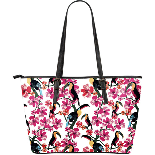 Toucan Flower Design Pattern Large Leather Tote Bag