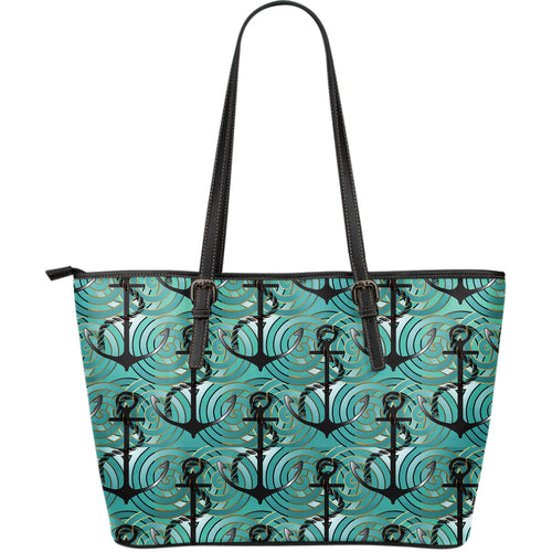 Anchor Nautical Green Background Large Leather Tote Bag