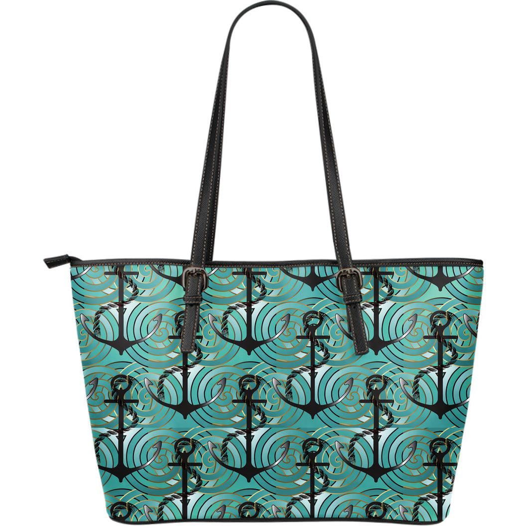 Anchor Nautical Green Background Large Leather Tote Bag