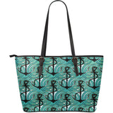 Anchor Nautical Green Background Large Leather Tote Bag