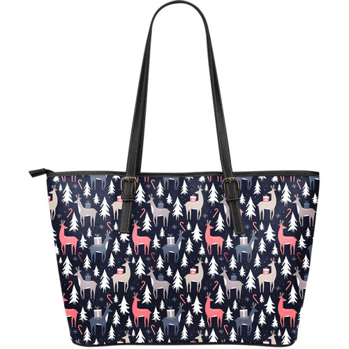 Deers Winter Christmas Pattern Large Leather Tote Bag