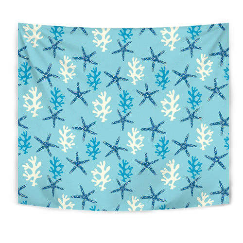 Blue Starfish Coral Reef Pattern Wall Tapestry