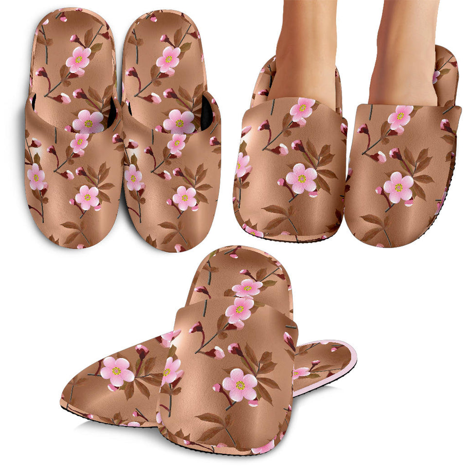 Pink Sakura Cherry Blossom Drak Brown Background Slippers