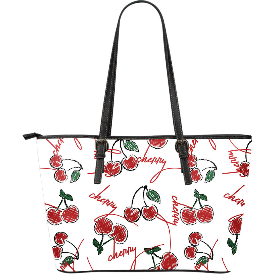 Hand Drawn Cherry Pattern Large Leather Tote Bag