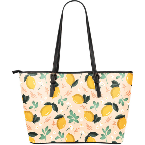 Lemon Flower Leave Pattern Large Leather Tote Bag