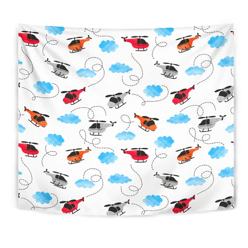 Watercolor Helicopter Cloud Pattern Wall Tapestry