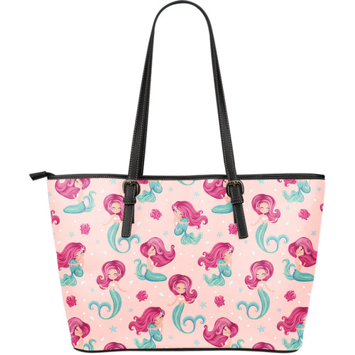 Cute Little Mermaid Pattern Large Leather Tote Bag