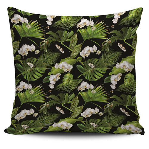 White Orchid Flower Tropical Leaves Pattern Blackground Pillow Cover