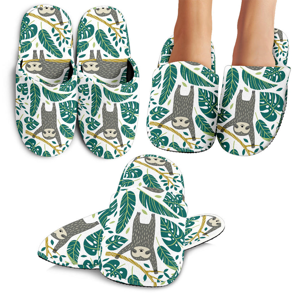 Cute Sloths Tropical Palm Leaves White Background Slippers