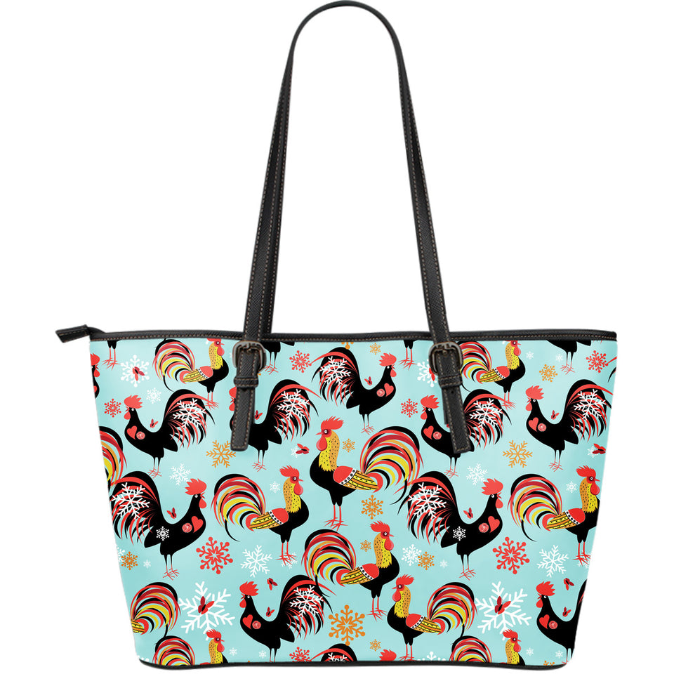 Rooster Chicken Cock Snowfalke Large Leather Tote Bag