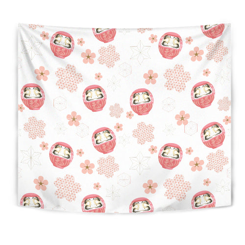 Daruma Japanese Wooden Doll Cherry Blossom Flower Pattern Wall Tapestry