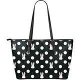 Cute White Rabbit Polka Dots Black Background Large Leather Tote Bag