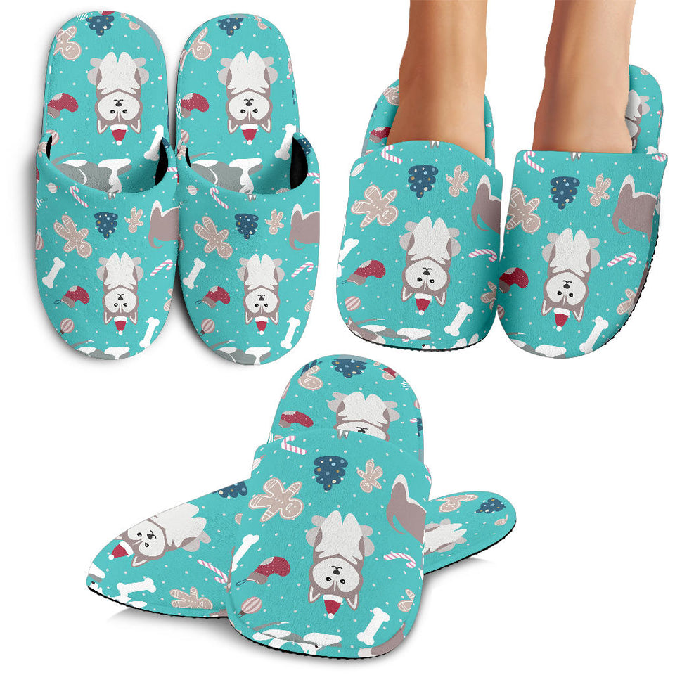 Christmas Cute Siberian Husky Puppie Pattern Slippers
