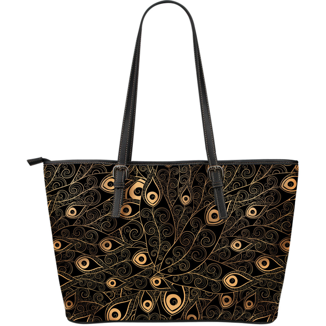 Gold Peacock Feather Pattern Large Leather Tote Bag