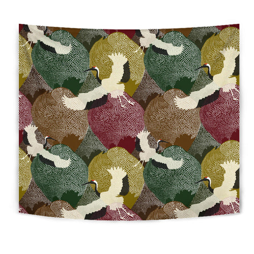 Japanese Cranes Flying Forest Dot Pattern Wall Tapestry