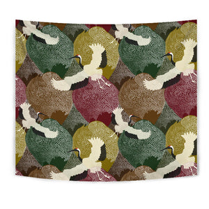 Japanese Cranes Flying Forest Dot Pattern Wall Tapestry