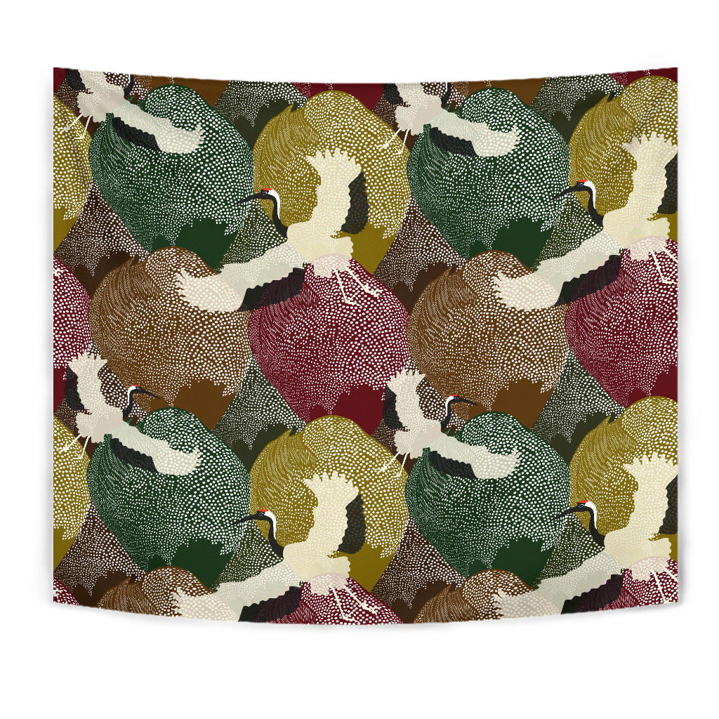 Japanese Cranes Flying Forest Dot Pattern Wall Tapestry