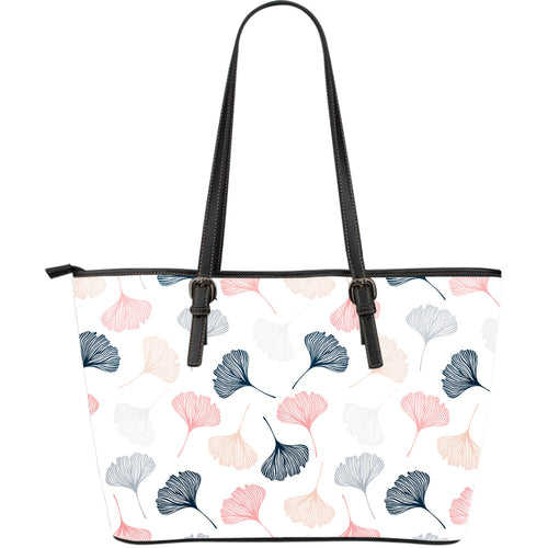 Black Gray Cream Coral Ginkgo Leaves Pattern Large Leather Tote Bag