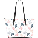 Black Gray Cream Coral Ginkgo Leaves Pattern Large Leather Tote Bag