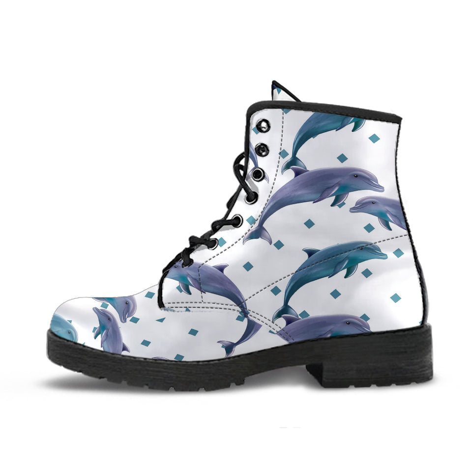 Dolphins Pattern Dotted Background Leather Boots
