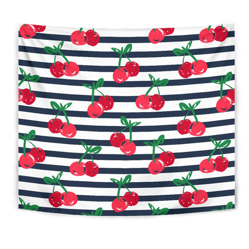 Hand Drawn Cherry Pattern Striped Background Wall Tapestry