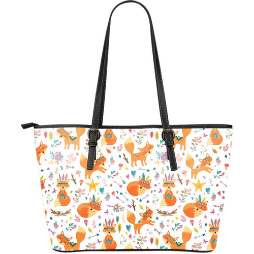 Cute Tribal Fox Pattern Large Leather Tote Bag