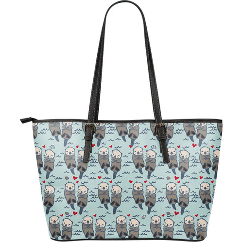 Lovely Sea Otter Pattern Large Leather Tote Bag