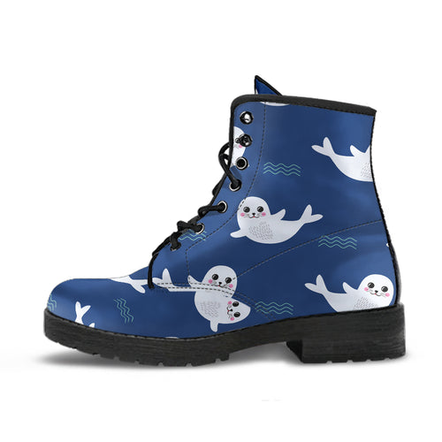 Cute White Baby Sea Lion Seal Pattern Leather Boots