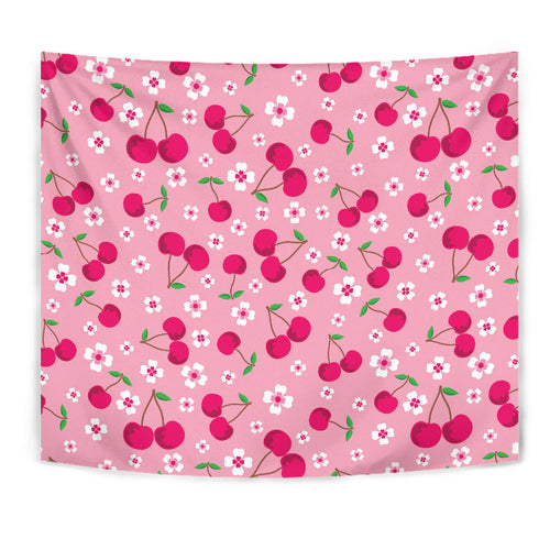 Cherry Flower Pattern Pink Background Wall Tapestry