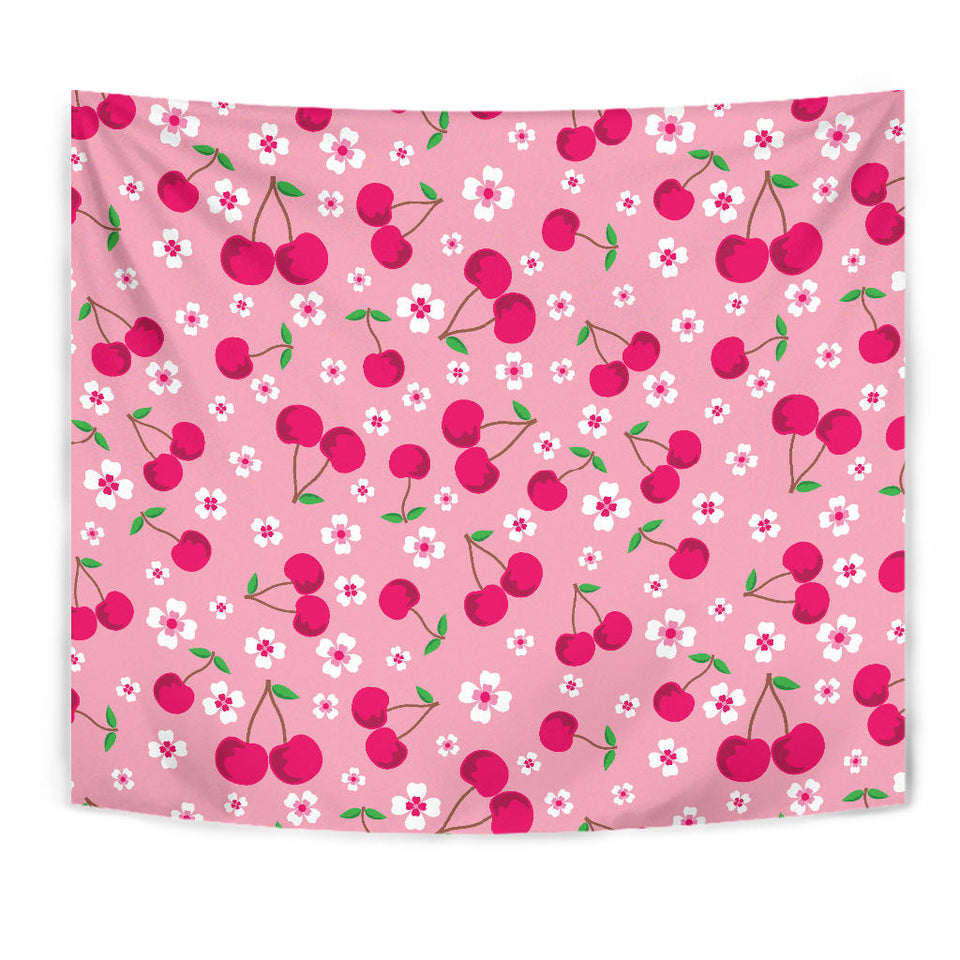 Cherry Flower Pattern Pink Background Wall Tapestry