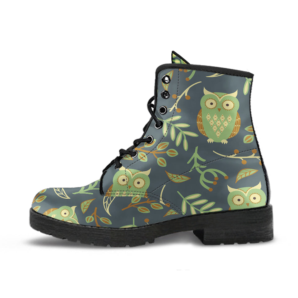 Cute Owls Leaves Pattern Leather Boots