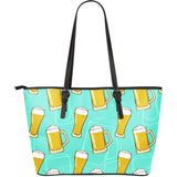 Beer Pattern Green Background Large Leather Tote Bag