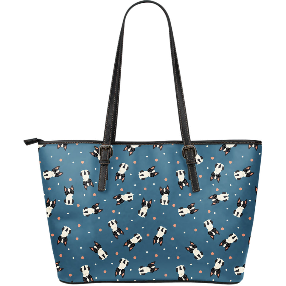 Cute Boston Terrier Dog Spattern Large Leather Tote Bag