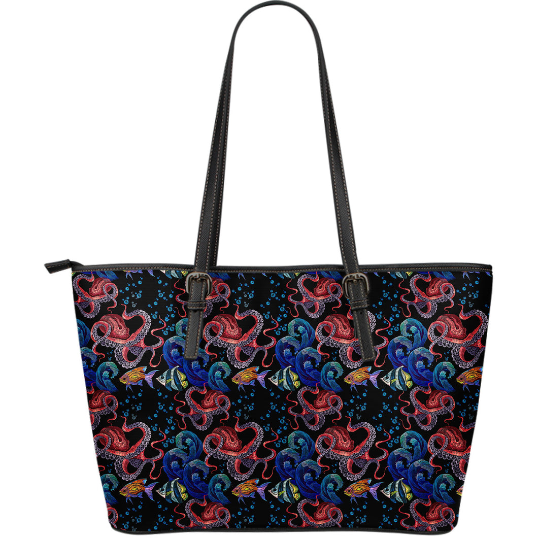 Octopus Sea Wave Tropical Fishe Pattern Large Leather Tote Bag