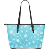 Snowflake Pattern Blue Background Large Leather Tote Bag