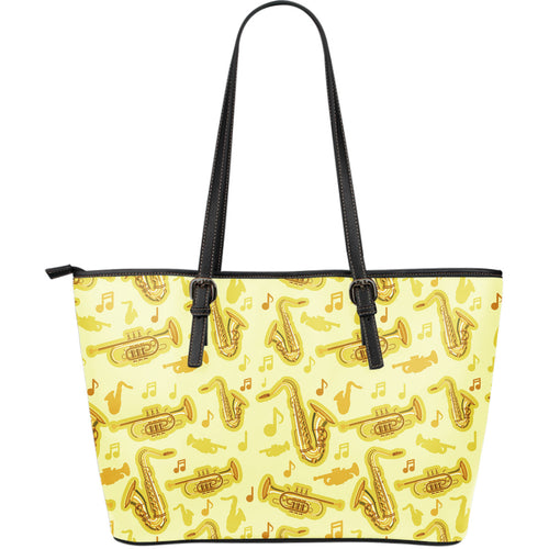 Saxophone Cornet Pattern Yellow Background Large Leather Tote Bag