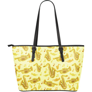 Saxophone Cornet Pattern Yellow Background Large Leather Tote Bag