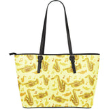 Saxophone Cornet Pattern Yellow Background Large Leather Tote Bag